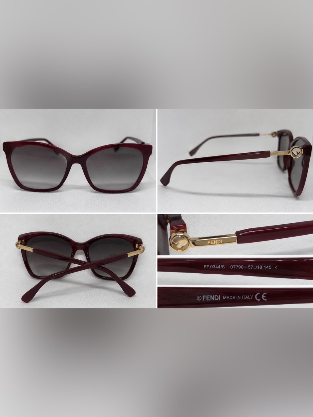 Authentic Fendi FF 0344/S Burgundy Cat Eye Sunglasses Gold Logo